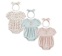 Ecojoy Baby Girl Vest 3PCs Grow Long/Short Sleeve Summer Fall Bodysuit with 3 Headbands/Hats