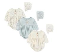 Ecojoy Baby Girl Vest 3PCs Grow Long/Short Sleeve Summer Fall Bodysuit with 3 Headbands/Hats