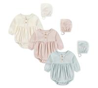 Ecojoy Baby Girl Vest 3PCs Grow Long/Short Sleeve Summer Fall Bodysuit with 3 Headbands/Hats