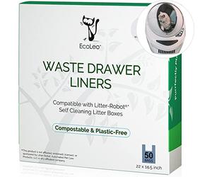 EcoLeo Liners, Compatible with Litter-Robot Automatic Litter Box Waste Drawer, Certified Compostable, Plastic-free Trash Bags with Handles for Self-Cleaning Litter Boxes (50-count)