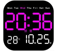 EcoLivzen Contemporary LED Wall Clock Multi-Display Time Date Temperature Humidity Moon Phase Remote Control Hanging or Tabletop Mount(Magenta)