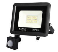 Ecolux PIR Motion Sensor 20W LED Outdoor Floodlight Energy Efficient 6000K Waterproof IP65 Mains Powered for Garage, Porch, Shed & Commercial Buildings - with Earth Wire