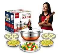 ECOM Stainless Steel Idli Cooker Multi Kadai Steamer, 5 Plate 2 Idli, 2 Dhokla, 1 Patra, Copper Bottom, 28.5 cm Dia