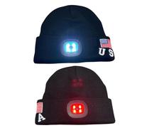 Ecombiz Network Unisex Black Beanie hat with 2 LED Re-Chargable Lights, White Front Light and red Safety Back Light. Beanie Also has on The Side a Beautiful Embroidered US Logo.