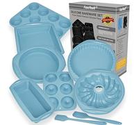 Economical 9in1 Nonstick Silicone Baking Cake Tin Pan Tray Moulds Sheet Set for Oven,Heat Resistant Bakeware Utensils Mold Tools Kit for Pancake Donut Cupcake Bread Loaf Muffin Savarin(Blue)