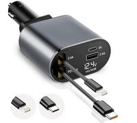 EcoNour Fast 4-in-1 Retractable Car Charger Adapter, 50W Max Fast Charging, Type-C PD 30W, USB & Apple Cable, Digital Voltage Display, 12-24V Car Socket Compatible