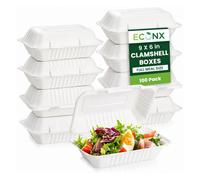 Econx 1 Compartment Disposable Bagasse Food Box With Lids 9X6 Inch Clamshell Takeaway Boxes 100Pc