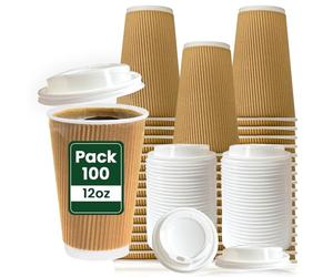 ECONX 100 Pack 12oz Takeaway Coffee Cups with Lids Triple Walled Ripple Disposable Coffee Cups Insulated Brown for Hot and Cold Drinks Coffee Paper Cups for Coffee Tea