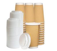 ECONX 100 Pack 16oz Takeaway Coffee Cups with Lids Triple Walled Ripple Disposable Coffee Cups Insulated Brown for Hot and Cold Drinks Coffee Paper Cups for Coffee Tea