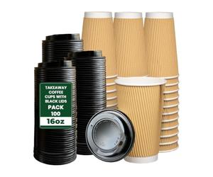ECONX 100 Sets of 16oz Takeaway Coffee Cups with Lids Triple Walled Disposable Coffee Cups with Lids Black Insulated Brown Ripple Cups for Hot and Cold Drinks Paper Coffee Cups for Coffee Tea