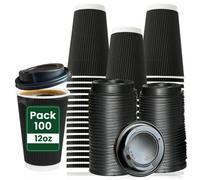 Econx 100 X 12Oz Black Ripple Disposable Coffee Cups With Lids Insulated Triple Wall Paper Coffee Cups