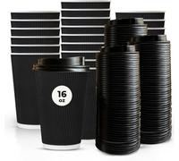 ECONX 100 X 16oz Disposable Kraft Ripple Paper Cups with Lids Black - Leak-Proof Insulated Takeaway Coffee Cups 3 Ply for Coffee, Tea, Hot Beverage - Disposable Coffee Cups for Home, Office, Cafes