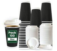 ECONX 100 X 8oz Black Ripple Triple Wall Disposable Hot Takeaway Coffee Cups with White Sip Through Lids - Insulated Black Paper Cups - for Tea, Coffee, Hot Drinks, Café and Catering Use