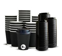 ECONX 100 X 8oz Ripple Disposable Coffee Cups with Lids Black Insulated Triple Wall Kraft Paper Coffee Cups for Takeaway Coffee, Tea or Hot and Cold Drinks for Cafes Offices Events or Parties