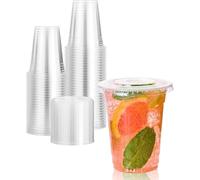 ECONX 100 X Smoothie Cups with Flat Lids 10oz Strong Clear Plastic Cups Reusable for Smoothies, Juice, Milkshakes, Iced Coffee, Slushy, Bubble Tea, Thick Drinks Perfect for Takeaway Restaurants