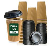 Econx 12Oz Takeaway Coffee Cups With Black Lids Triple Walled Insulated Disposable Ripple Coffee Cups (Pack Of 100)