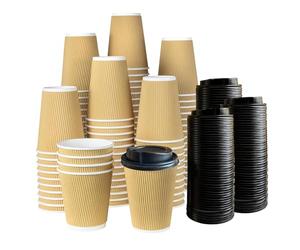 ECONX 12oz Takeaway Coffee Cups with Lids Triple Walled Disposable Coffee Cups with Lids Black Insulated Brown Ripple Cups for Hot and Cold Drinks Paper Coffee Cups for Coffee Tea 50 Pcs