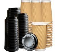 ECONX 16oz Takeaway Coffee Cups with Lids Triple Walled Disposable Coffee Cups with Lids Black Insulated Brown Ripple Cups for Hot and Cold Drinks Paper Coffee Cups for Coffee Tea 100 Pcs