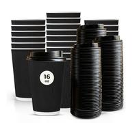 ECONX 200 X 16oz Disposable Kraft Ripple Paper Cups with Lids Black - Leak-Proof Insulated Takeaway Coffee Cups 3 Ply for Coffee, Tea, Hot Beverage - Disposable Coffee Cups for Home, Office, Cafes