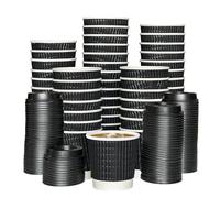 ECONX 200 X 4oz Black Disposable Kraft Paper Ripple Cups with Lids - Leak Proof Insulated Triple Wall Takeaway Coffee Cup - Great for Coffee, Tea, Espresso, Cappuccino, Hot Drinks Travel or Office Cup