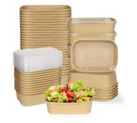 ECONX 200 X 500ml Kraft Food Containers with Plastic Lids PP Rectangular Takeaway Food Box Heavy-Duty | Leakproof and Oil-Proof Kraft Paper Salad Box Bowls Deli Tubs for Lunch Restaurants, Parties