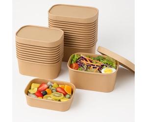 ECONX 25 X Kraft Food Containers with Paper Lids 1000ml Disposable Rectangular Takeaway Box Heavy-Duty | Leakproof and Oil-Proof Kraft Paper Salad Takeaway Box for Lunch Restaurants, Parties