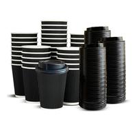 ECONX 250 X 12oz Black Disposable Coffee Cups with Lids Leak-Proof Insulated Triple Walled Takeaway Coffee Cups Paper Ripple for Hot and Cold Drinks Coffee, Tea for Home, Office and Cafes