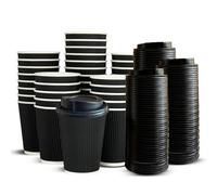 Econx 250 X 12Oz Black Ripple Disposable Coffee Cups With Lids Insulated Triple Wall Paper Coffee Cups