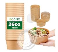 ECONX 26oz 750ml Kraft Salad Paper Bowls with Lids 50 Pcs Disposable Takeaway Bowls Salad Food Container for Hot Cold Food Leakproof Soup Containers for Business, Restaurant