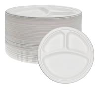 ECONX 3 Compartment Round Bagasse Plates 10" Disposable Dinner Party Plates in White | Size: 200 Pieces ECONX White 200 Pieces