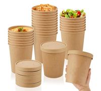 Econx 32Oz Disposable Paper Soup Cups Food Containers With Lids Paper Bowl Brown Kraft Takeaway Tubs X 100Pk