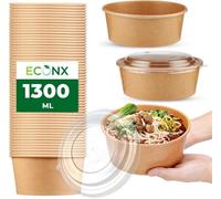 ECONX 46oz 1300ml Kraft Salad Paper Bowls with Lids 100 Pcs Disposable Takeaway Bowls Salad Food Container for Hot Cold Food Leakproof Soup Containers for Business, Restaurant