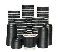 Econx 4Oz Black Disposable Kraft Paper Ripple Cups With Lids Leak Proof Insulated Triple Wall Takeaway Coffee Cup X 500Pk