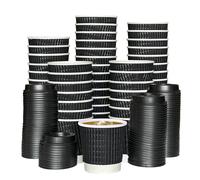 Econx 4Oz Black Disposable Kraft Paper Ripple Cups With Lids Leak Proof Insulated Triple Wall Takeaway Coffee Cup X 500Pk
