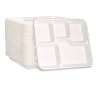 ECONX 5 Compartment Bagasse Plates Heavy Duty Disposable Food Plates Tray in White | Size: 50 Pieces ECONX White 50 Pieces
