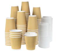ECONX 50 Pack 12oz Takeaway Coffee Cups with Lids Triple Walled Ripple Disposable Coffee Cups Insulated Brown for Hot and Cold Drinks Coffee Paper Cups for Coffee Tea