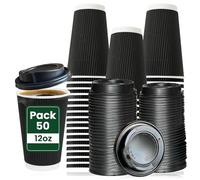 ECONX 50 Pack Takeaway Coffee Cups with Lids 12oz Black | Disposable Insulated Triple Wall Ripple Kraft Paper Coffee Cups for Takeaway Coffee, Tea Disposable Cups for Takeaway Hot Drinks