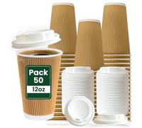 ECONX 50 Pack Takeaway Coffee Cups with Lids 12oz Brown | Disposable Insulated Triple Wall Ripple Kraft Paper Coffee Cups for Takeaway Coffee, Tea Disposable Cups for Takeaway Hot Drinks