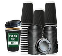 ECONX 50 Pack Takeaway Coffee Cups with Lids 8oz Black | Disposable Insulated Triple Wall Ripple Kraft Paper Coffee Cups for Takeaway Coffee, Tea Disposable Cups for Takeaway Hot Drinks