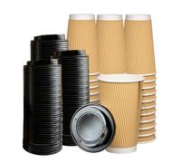ECONX 50 Sets of 16oz Takeaway Coffee Cups with Lids Triple Walled Disposable Coffee Cups with Lids Black Insulated Brown Ripple Cups for Hot and Cold Drinks Paper Coffee Cups for Coffee Tea