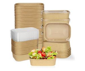 ECONX 50 X 500ml Kraft Food Containers with Plastic Lids PP Rectangular Takeaway Food Box Heavy-Duty | Leakproof and Oil-Proof Kraft Paper Salad Box Bowls Deli Tubs for Lunch Restaurants, Parties