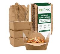 ECONX 50 X No.8 Kraft Food Takeaway Boxes 1400ml (49oz) Leak-Proof Design | Biodegradable Disposable Kraft Snack Boxes Cardboard Food Containers Deli Box for Hot or Cold Foods