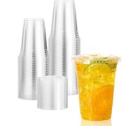 ECONX 50 X Smoothie Cups with Flat Lids 16oz Strong Clear Plastic Cups Reusable for Smoothies, Juice, Milkshakes, Iced Coffee, Slushy, Bubble Tea, Thick Drinks Perfect for Takeaway Restaurants