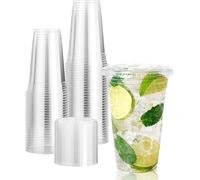 ECONX 50 X Smoothie Cups with Flat Lids 20oz Strong Clear Plastic Cups Reusable for Smoothies, Juice, Milkshakes, Iced Coffee, Slushy, Bubble Tea, Thick Drinks Perfect for Takeaway Restaurants