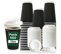 Econx 500 Pack 12Oz Black Takeaway Coffee Cups With White Sip Through Lids Ripple Cup Disposable Paper Cups