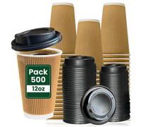 Econx 500 Pack 12Oz Takeaway Brown Coffee Cups With Black Lids Triple Layer Ripple Disposable Coffee Cups