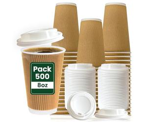 ECONX 500 Pack 8oz Takeaway Coffee Cups with Lids Triple Walled Ripple Disposable Coffee Cups Insulated Brown for Hot and Cold Drinks Coffee Paper Cups for Coffee Tea