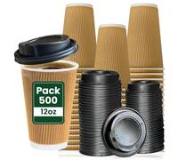 ECONX 500 Sets of 12oz Takeaway Coffee Cups with Lids Triple Walled Disposable Coffee Cups with Lids Black Insulated Brown Ripple Cups for Hot and Cold Drinks Paper Coffee Cups for Coffee Tea