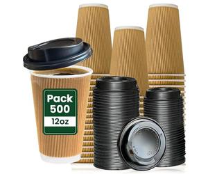 ECONX 500 Sets of 12oz Takeaway Coffee Cups with Lids Triple Walled Disposable Coffee Cups with Lids Black Insulated Brown Ripple Cups for Hot and Cold Drinks Paper Coffee Cups for Coffee Tea
