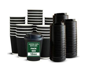 ECONX 500 X 12oz Disposable Coffee Cups with Lids Leak-Proof Insulated Triple Walled Takeaway Coffee Cups Paper Ripple for Hot and Cold Drinks Coffee, Tea for Home, Office and Cafes Black